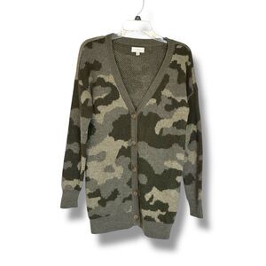 Lucky Brand Cardigan Sweater Women's S Green Camouflage Knit V-Neck Wool Blend